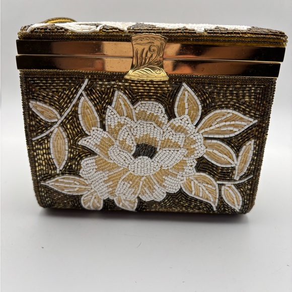 Vintage Japan Work Beaded Gold and White Floral Beaded Clutch/Box - Picture 1 of 13